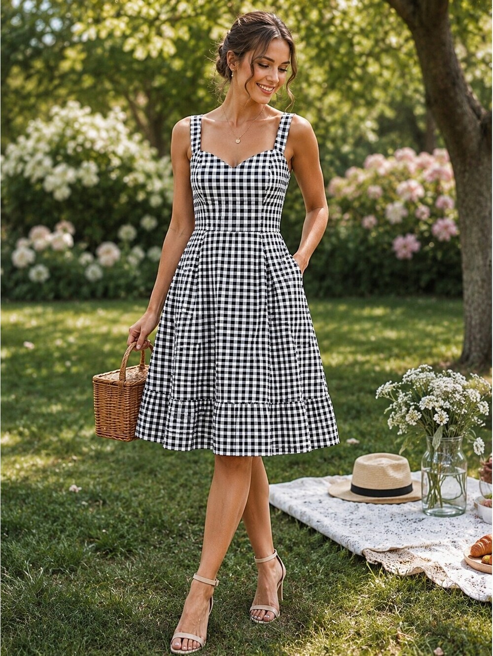 🖤 Avec Les Filles Women's Size 8 Black White Gingham Fit & Flare Dress NWT - Picture 2 of 2
